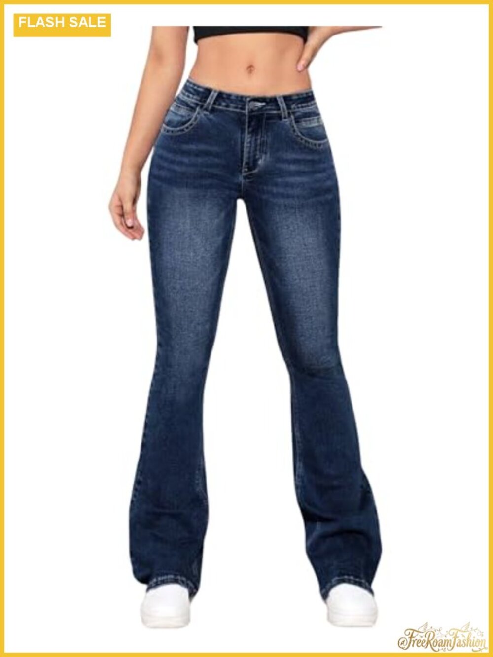 Women's Low Waisted Flared Jeans Stretch Denim Bell Bottom Retro 70s Casual